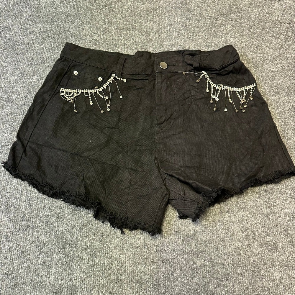 Yamamay Shorts Womens Size M Black Rhinestone Fringe Raw Hem Denim Casual Edgy